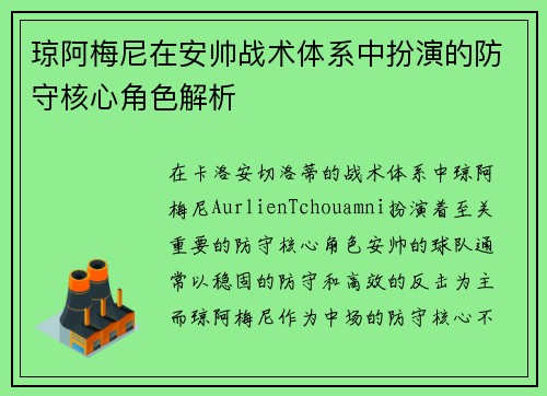 琼阿梅尼在安帅战术体系中扮演的防守核心角色解析