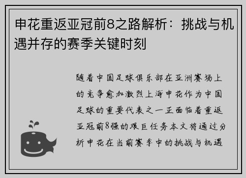申花重返亚冠前8之路解析：挑战与机遇并存的赛季关键时刻